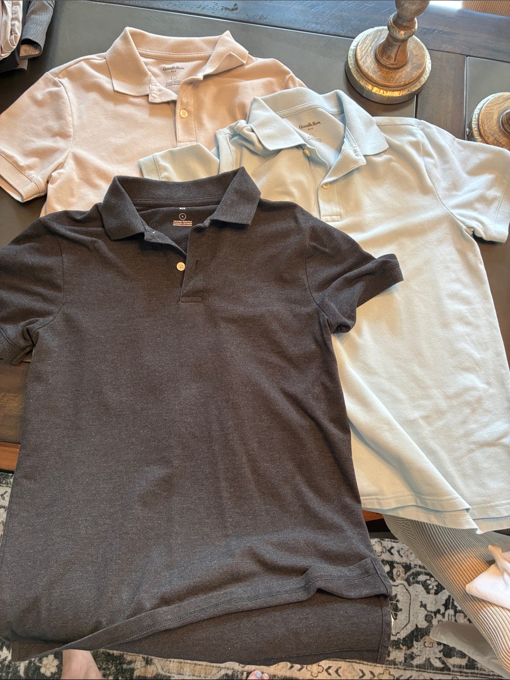 3 Goodfellow & Co Men’s Polo Bundle in Light Blue, taupe , and Dark Gray